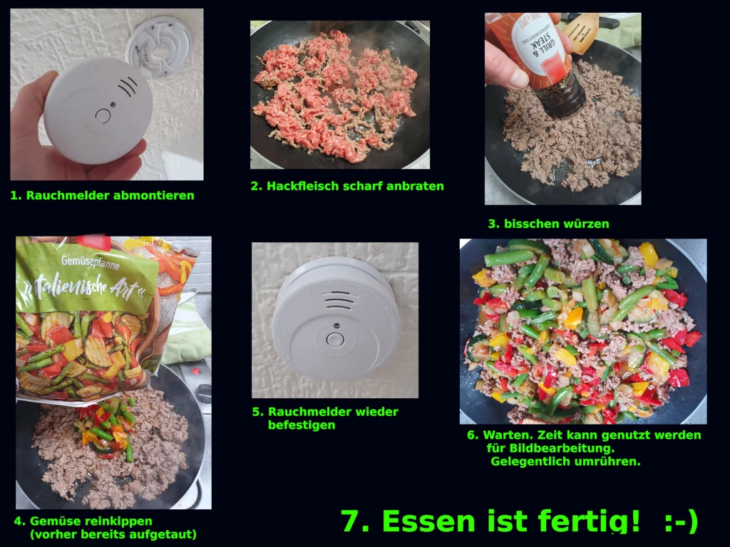 Ein Kochrezept, welches die Entfernung des örtlichen Rauchmelders einbindet.